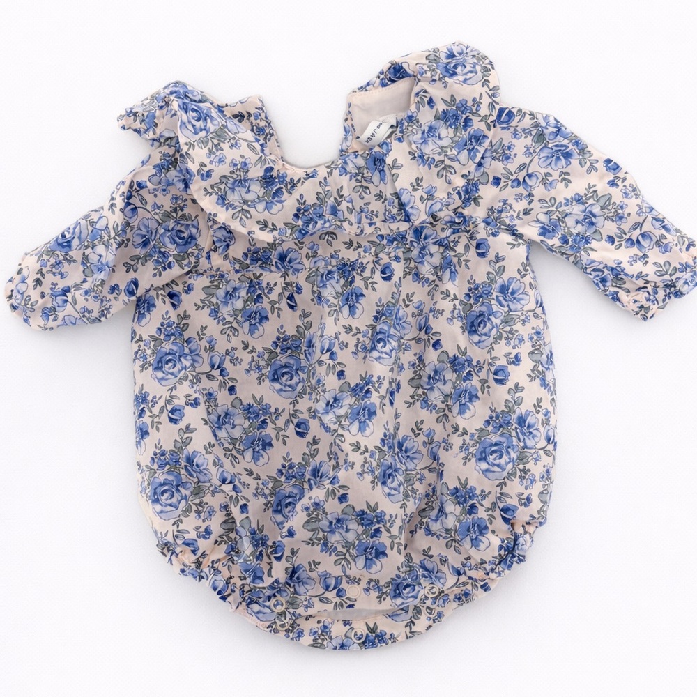 Floral Blue and White Baby Romper